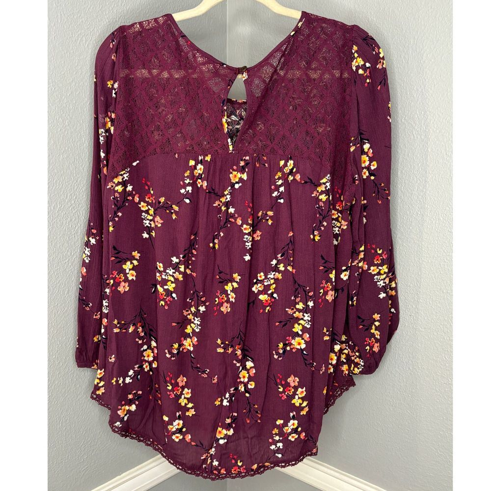 MASON & BELLE GAUZE FLORAL PRINT LACE BOUTIQUE FLOWY CHIC EVERYDAY BLOUSE LARGE